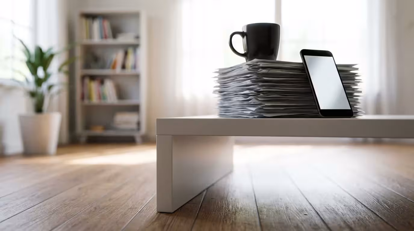 Low angle view of smartphone and coffee mug on desk edge symbolizing work distractions.