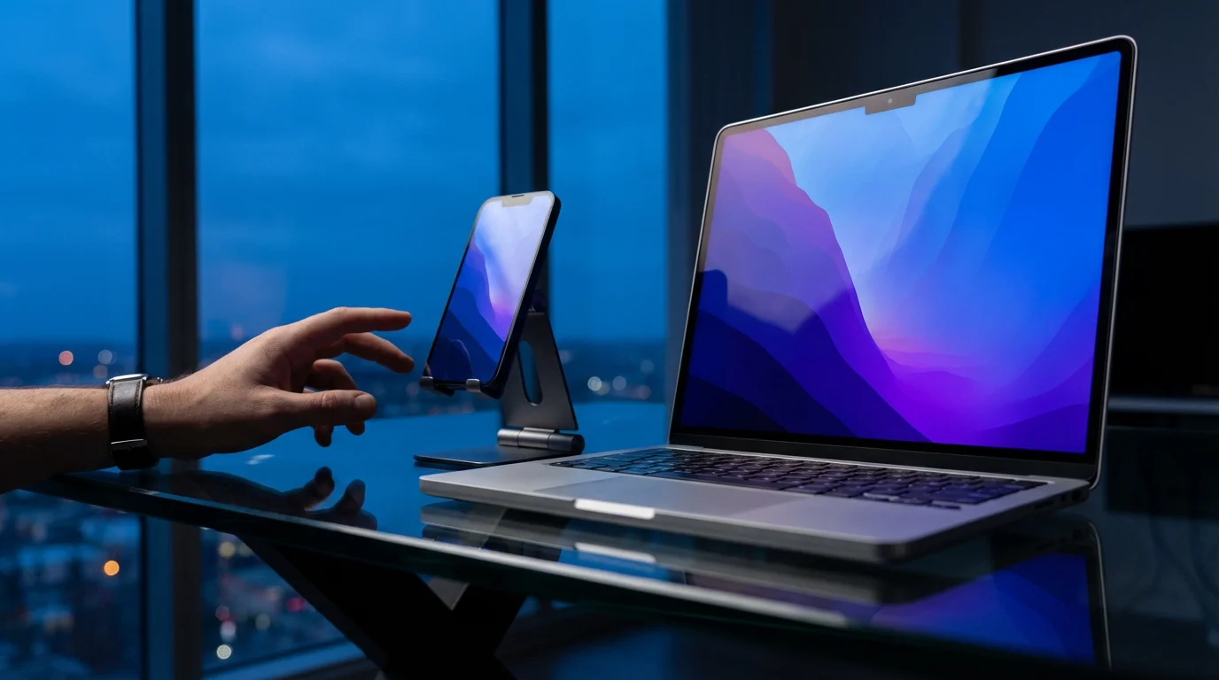 Low angle view of smartphone and laptop on a desk during blue hour evening light.