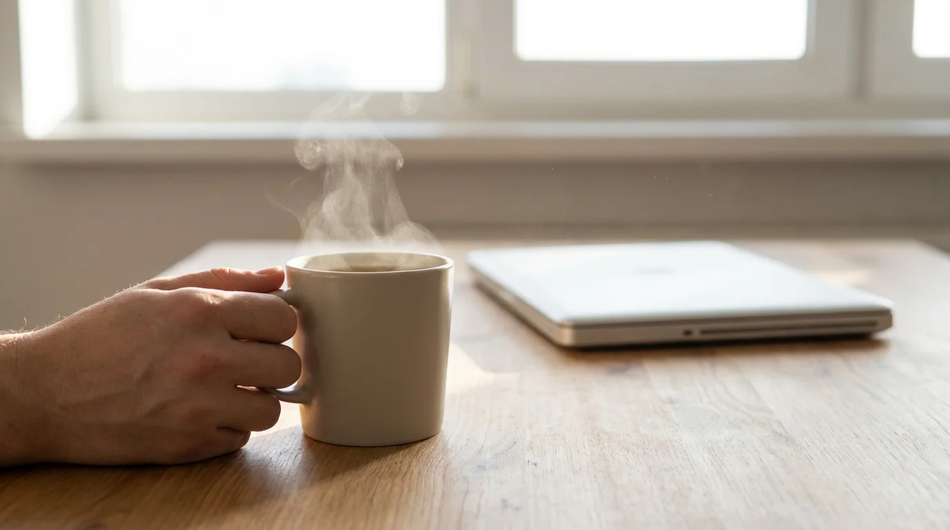 Low angle view of steaming tea mug on desk with closed laptop in background.