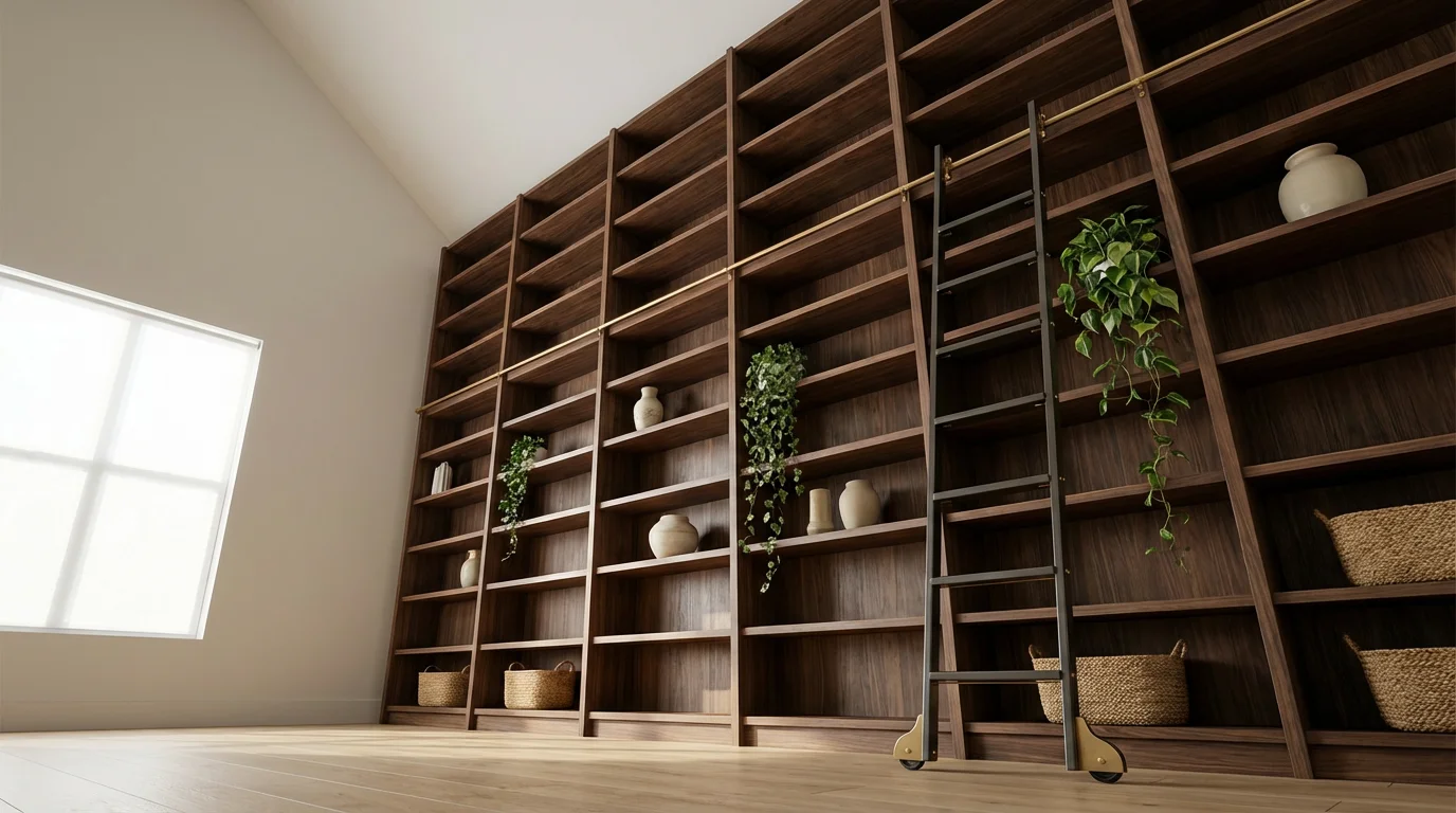 Low angle view of tall living room shelving with rolling library ladder in natural light.