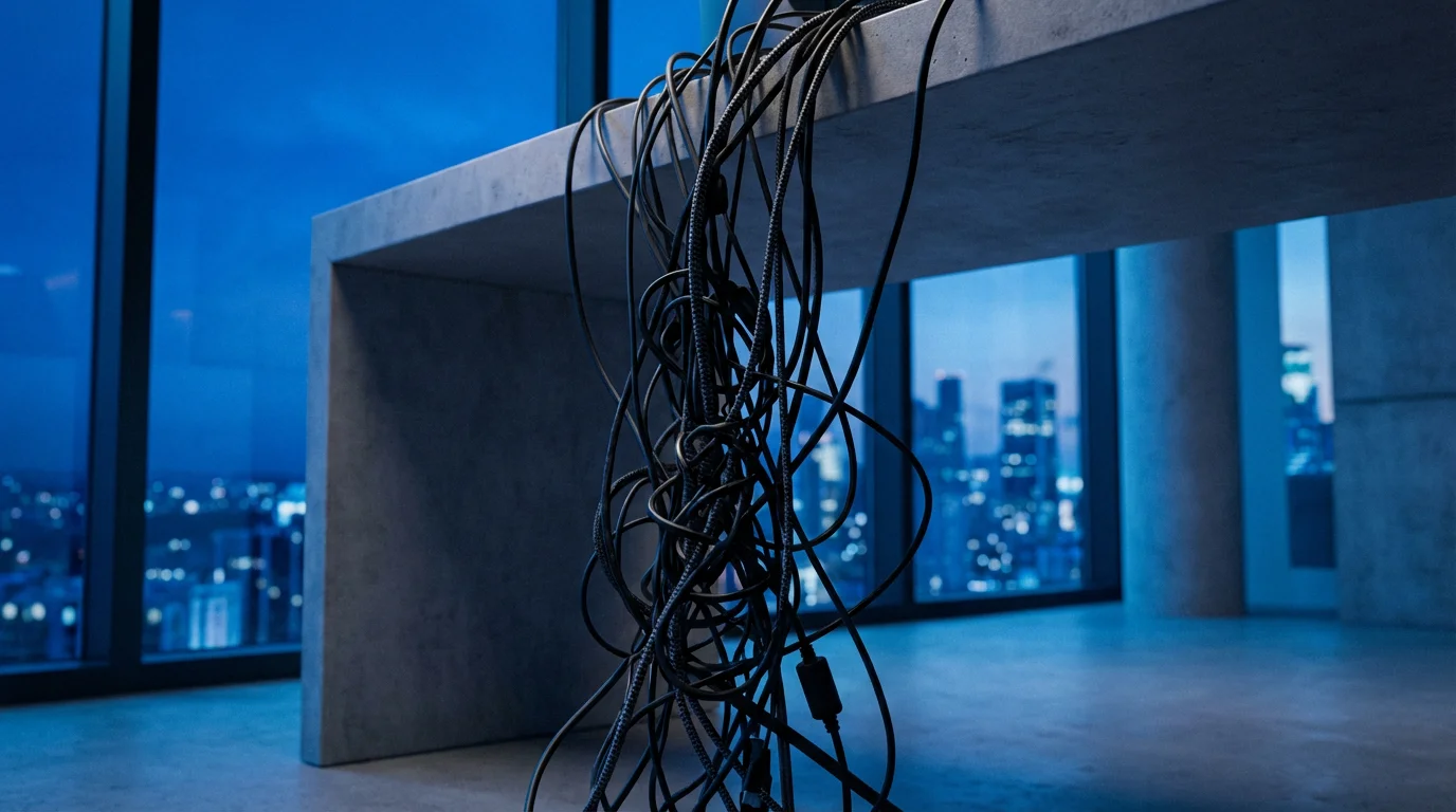 Low angle view of tangled computer cables silhouetted against a blue evening city skyline.