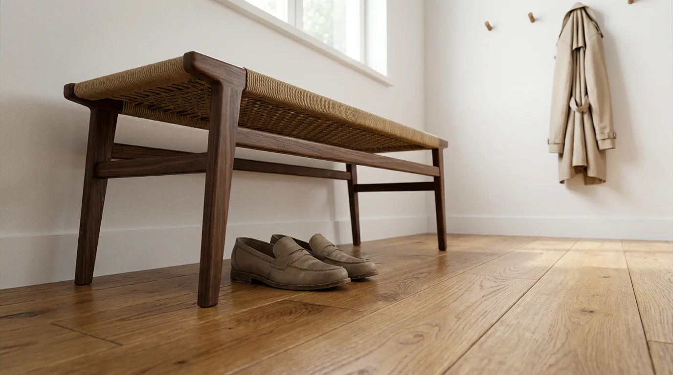 Low angle view of tidy shoes and coat rack in a sunlit minimalist entryway.
