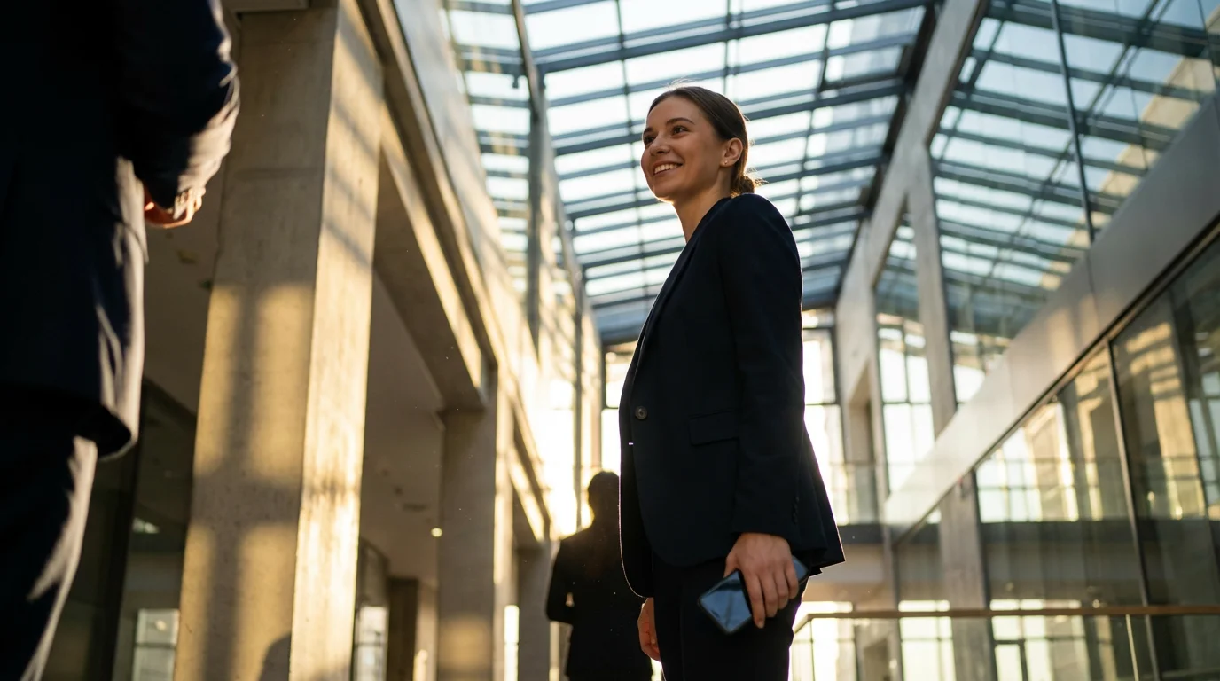 Low angle view of woman ignoring phone to talk to colleague in moody office lighting.