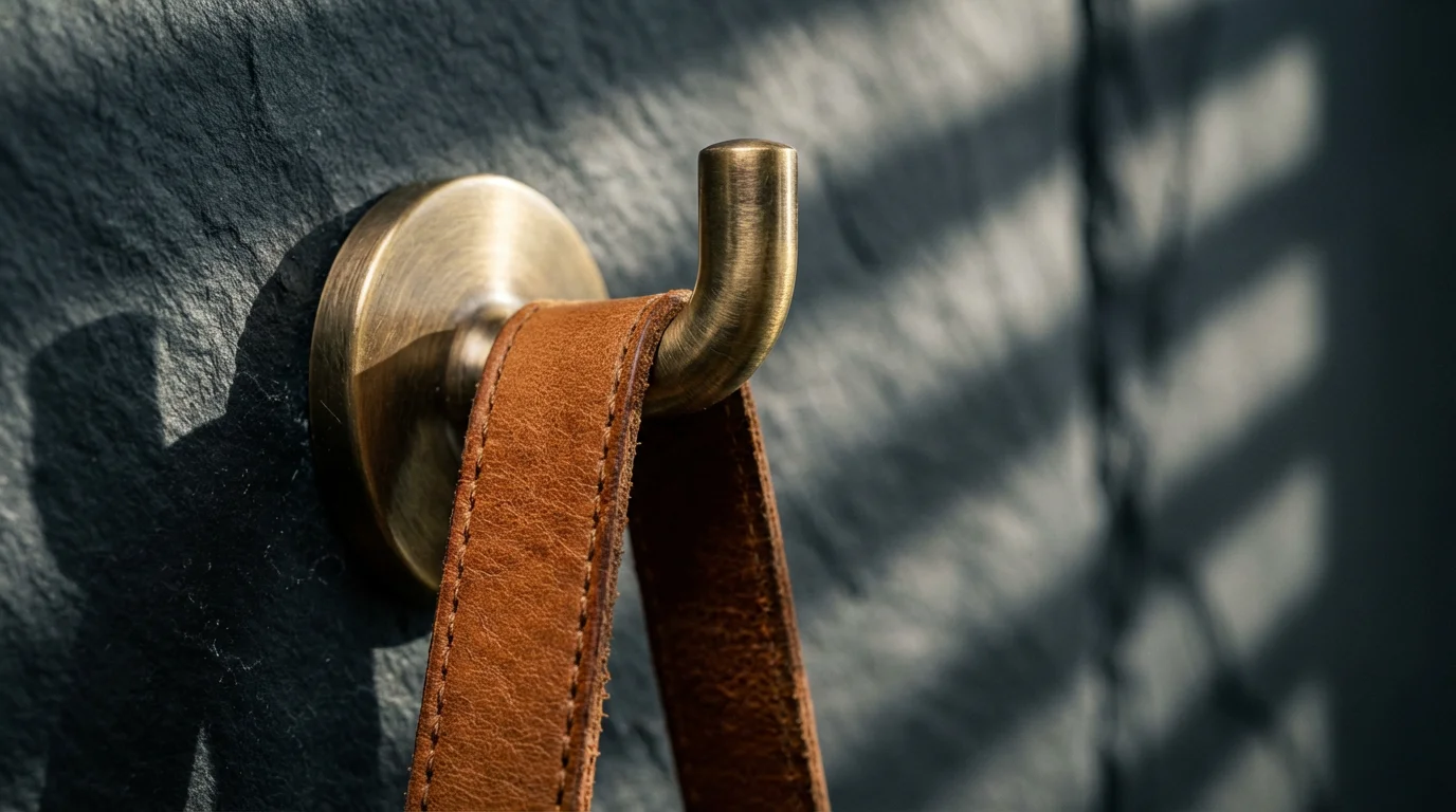 Macro close-up of a brass wall hook and leather strap with dramatic shadows.