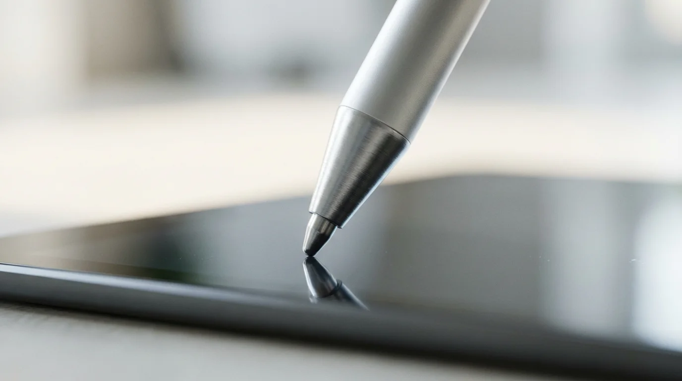 Macro close-up of a digital stylus tip over a tablet screen in morning light