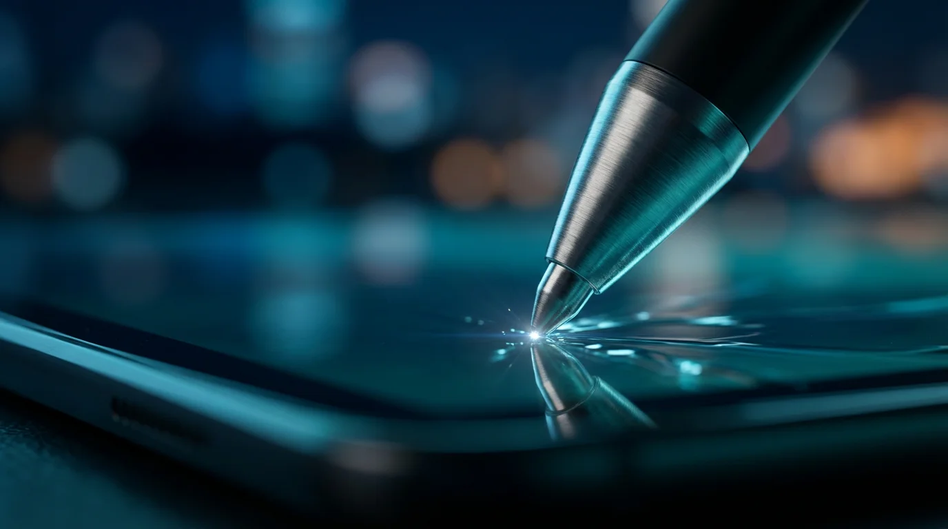 Macro close-up of a digital stylus touching a tablet screen in cool blue evening light