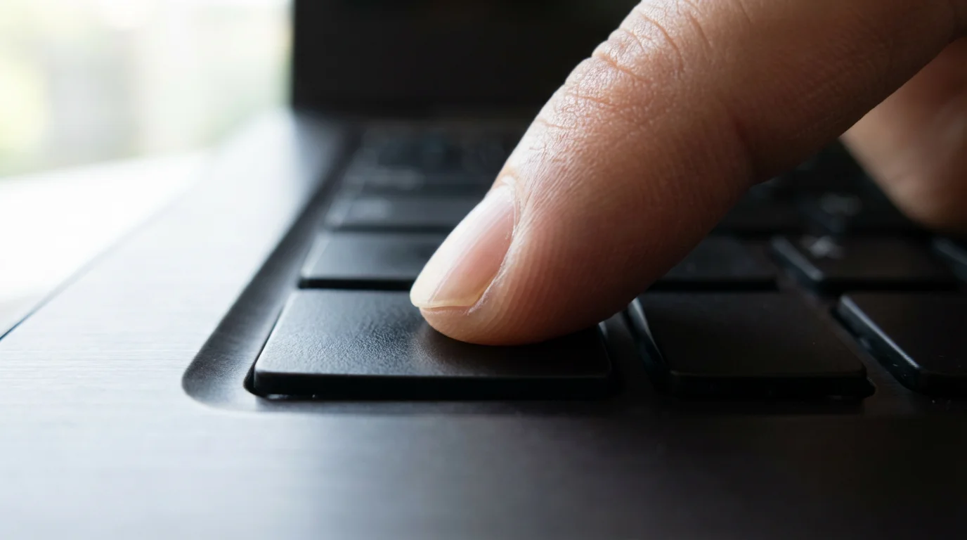Macro close-up of a finger pressing a laptop key symbolizing digital productivity.