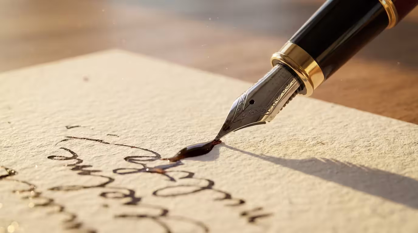 Macro close-up of a fountain pen tip writing on paper in warm sunset lighting.