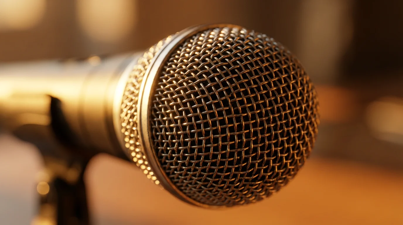 Macro close-up of a microphone mesh illuminated by warm golden sunlight.