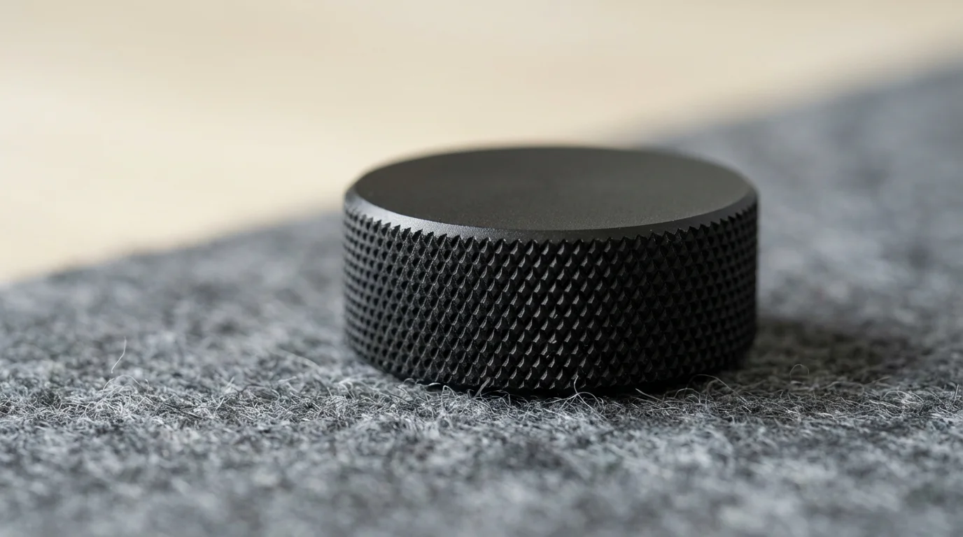Macro close-up of a minimalist control dial on a grey felt desk mat.