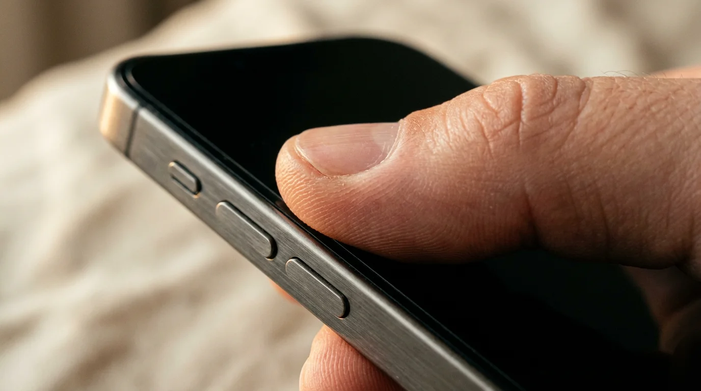 Macro close-up of a thumb pressing the side buttons of a smartphone in morning light.