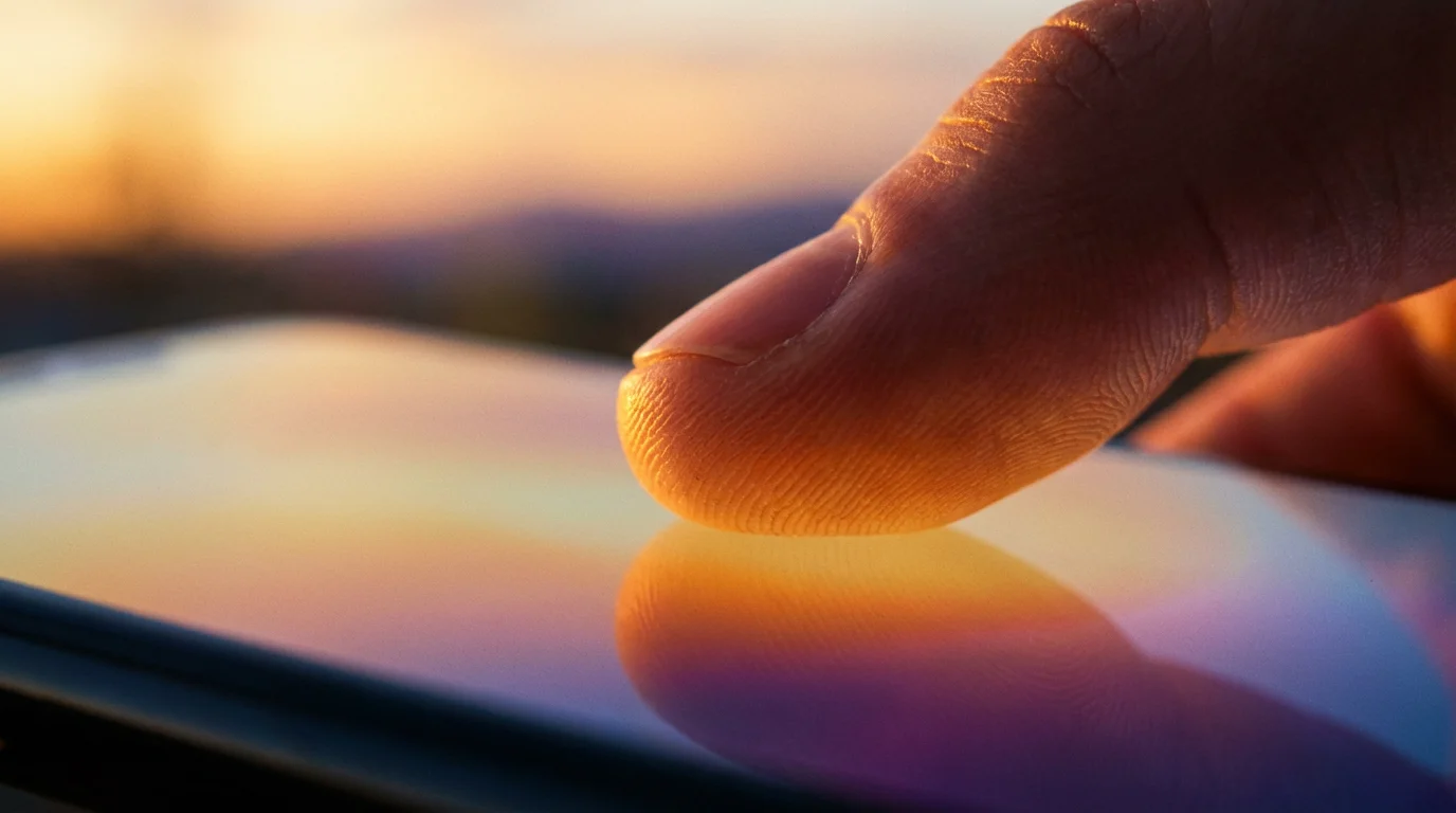 Macro close-up of a thumb touching a smartphone screen in warm golden hour light.