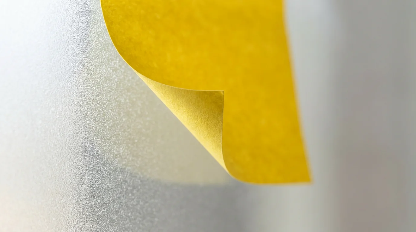 Macro close-up of a yellow sticky note on a frosted glass surface.