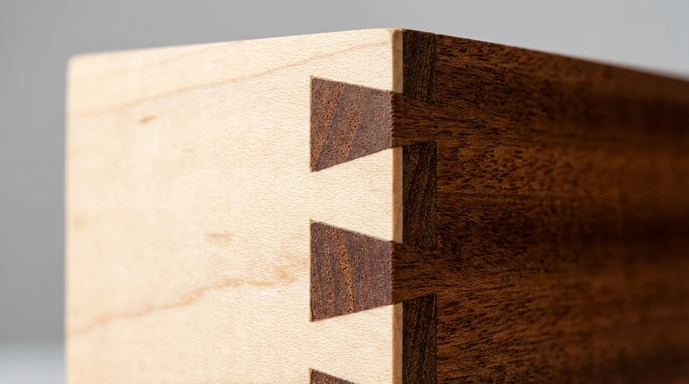 Macro close-up of an interlocking dovetail wood joint showing a seamless connection between light and dark wood.