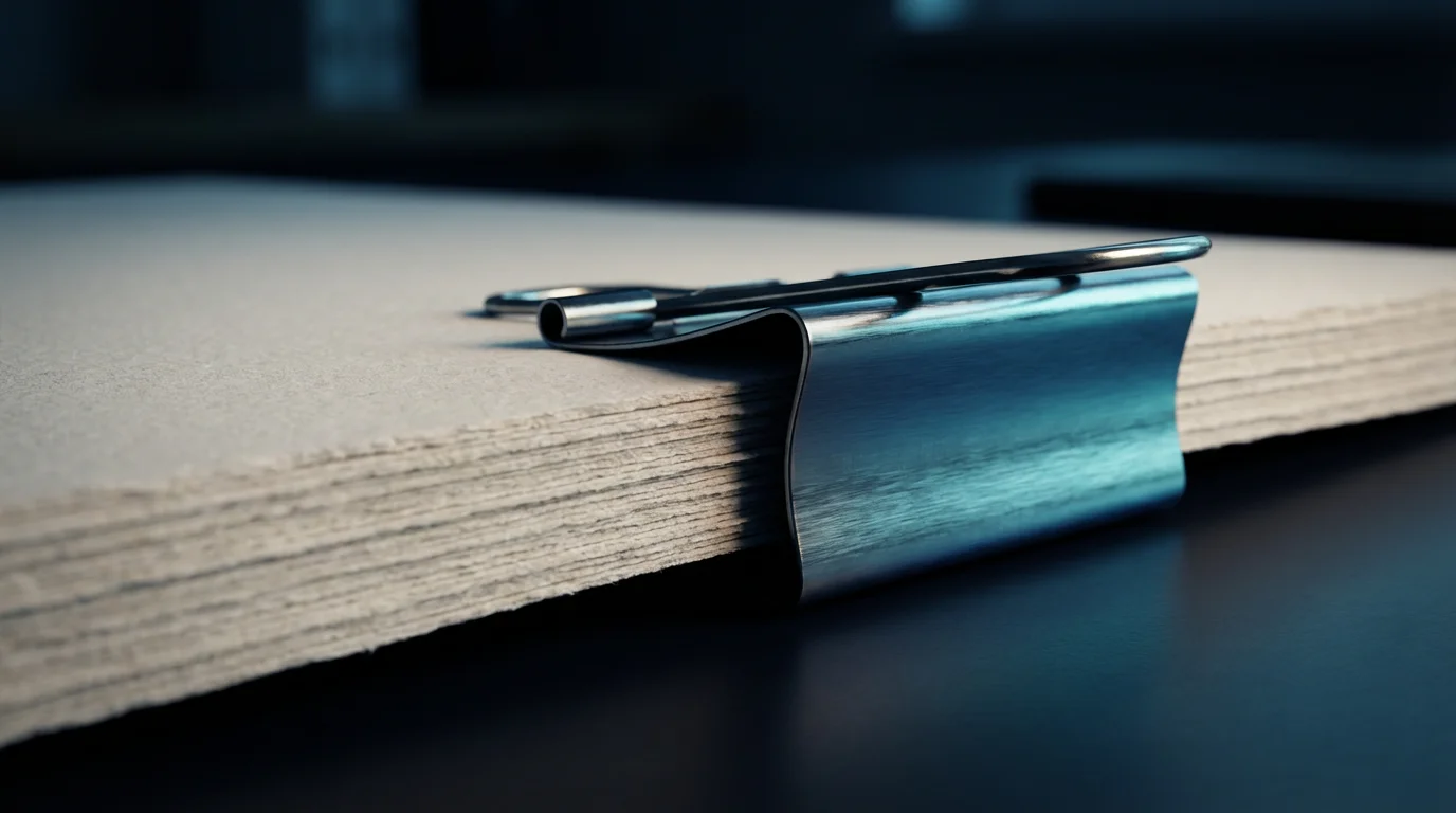 Macro close-up of brushed steel binder clip holding stack of paper in blue light