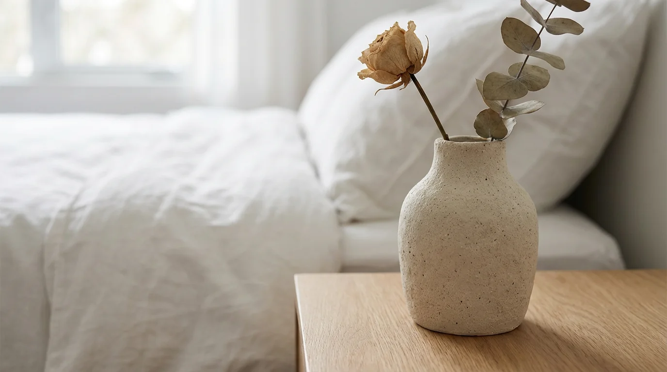 Macro close-up of ceramic vase and dried flower on bedside table near white linen bedding