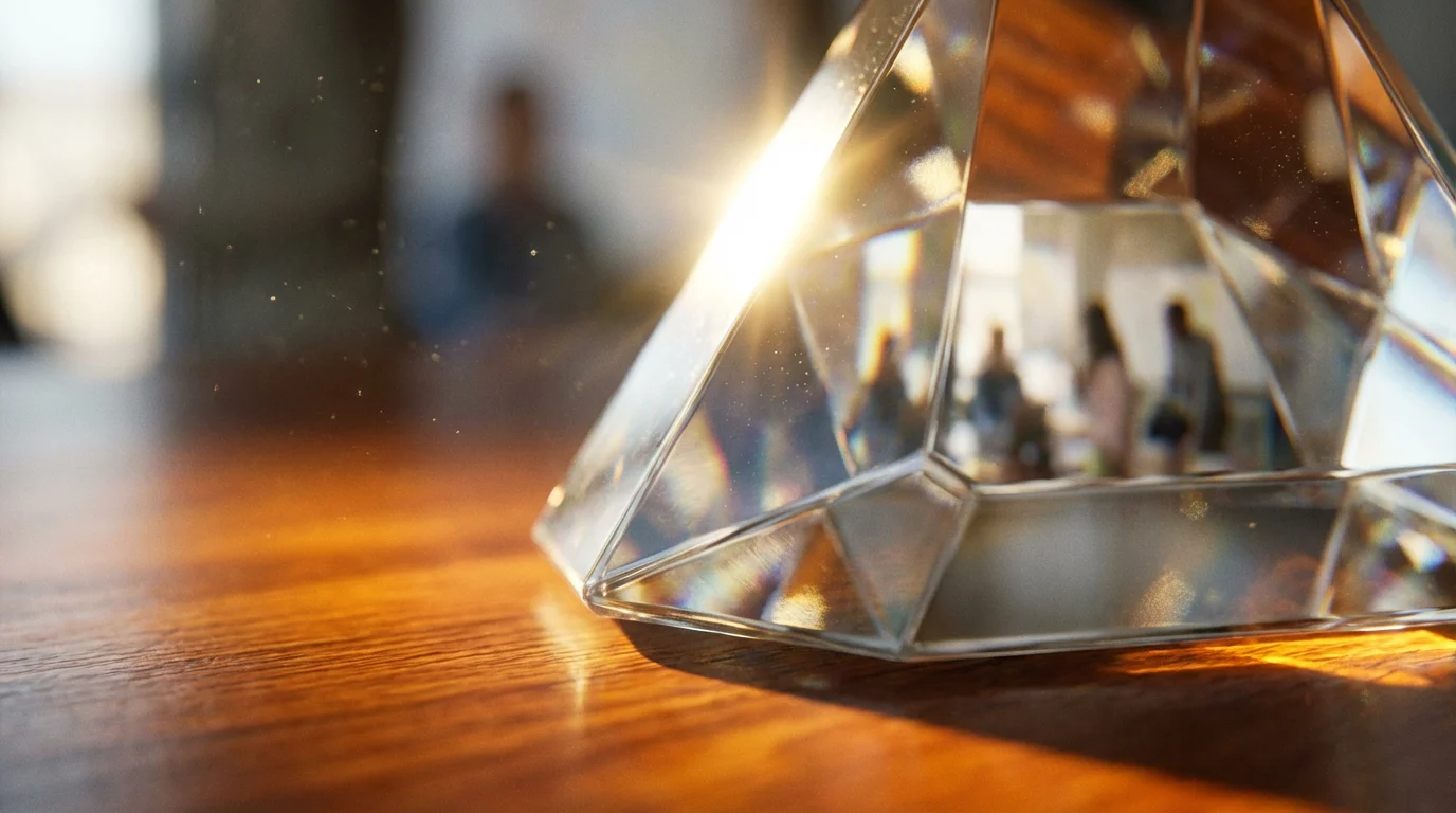Macro close-up of crystal paperweight on conference table reflecting warm golden hour sunlight.