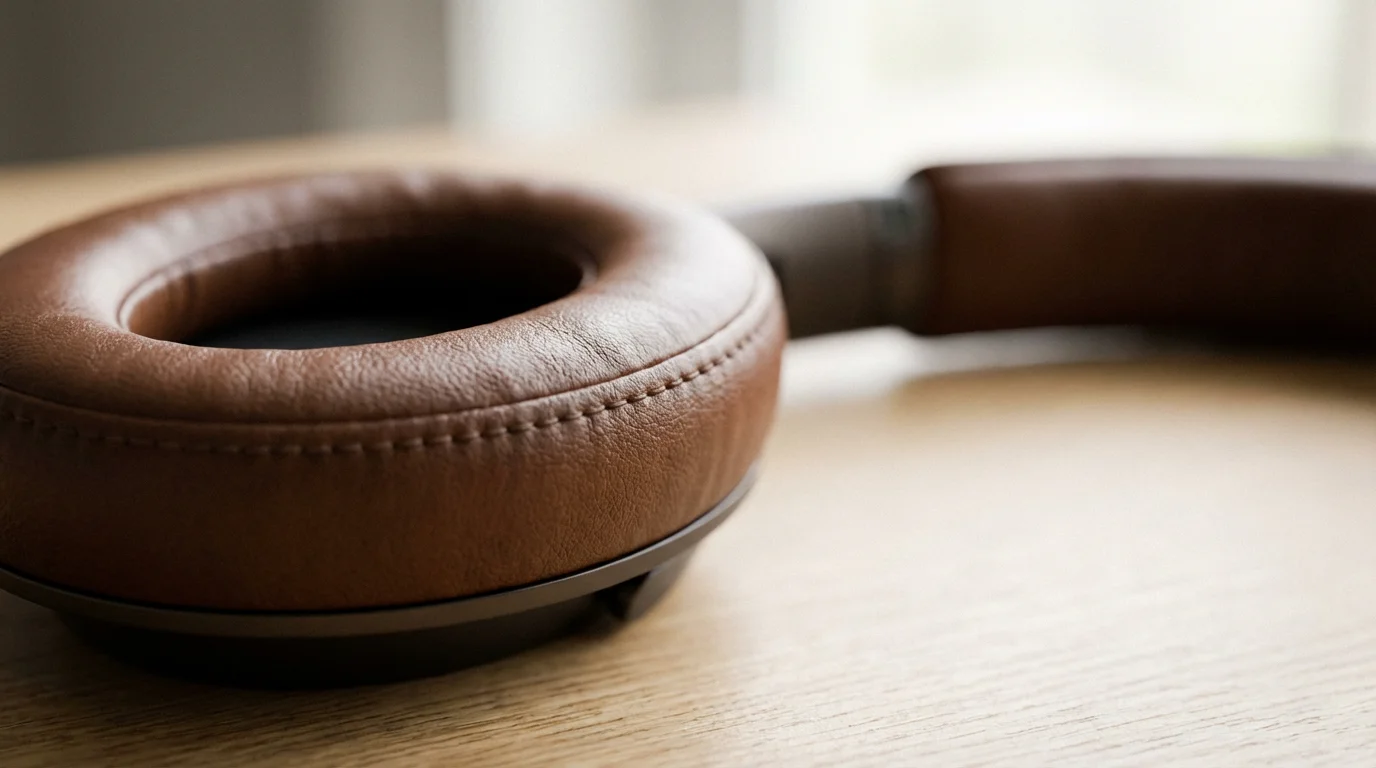 Macro close-up of leather noise-canceling headphone ear cushion on desk in soft light.