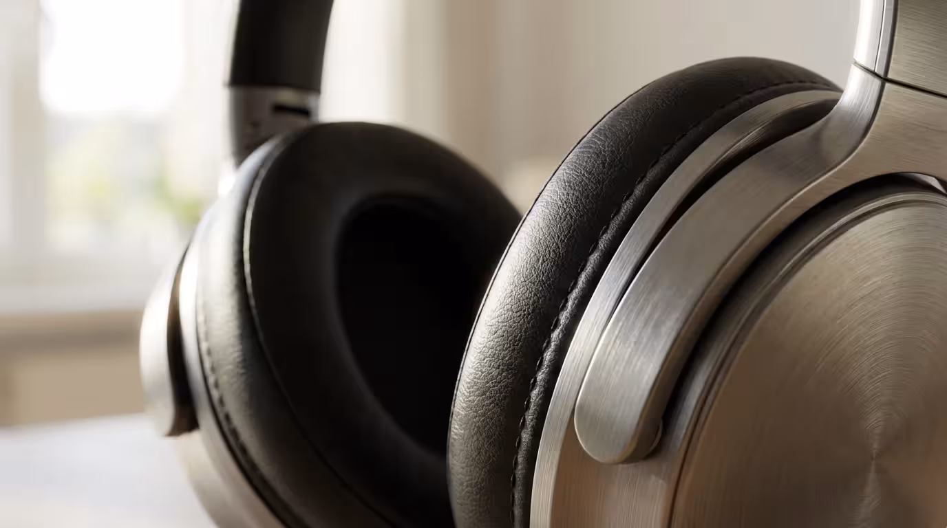 Macro close-up showing texture of leather headphone ear pads and metal casing in sunlight.