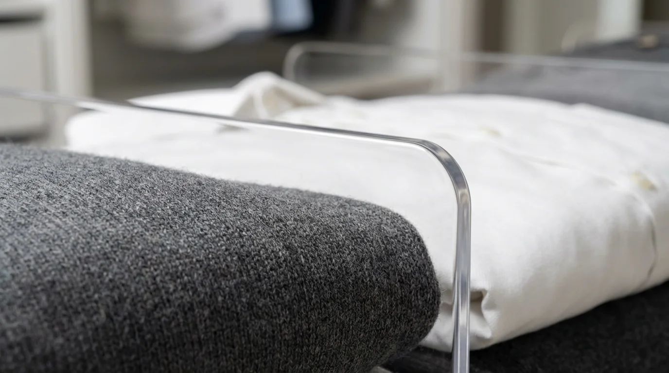 Macro detail of folded gray sweater and white shirt organized by clear divider.