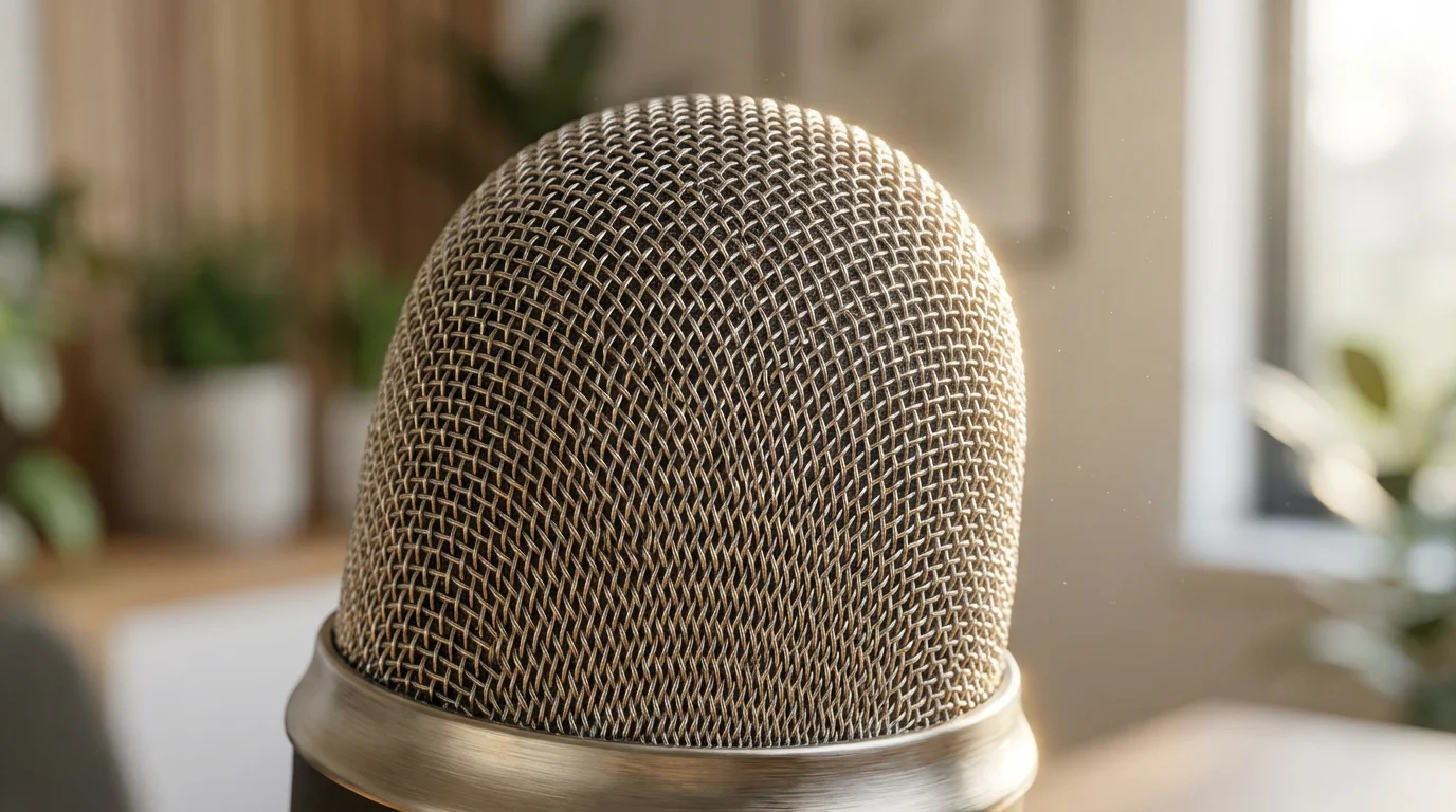 Macro detail of professional microphone mesh illuminated by soft morning light in home office.