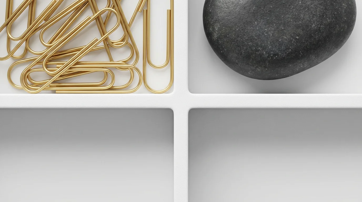 Macro overhead shot of a four-quadrant desk organizer containing gold paperclips and a stone.