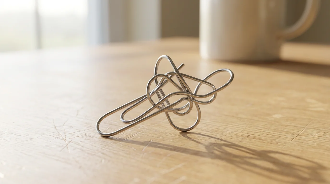 Macro photo of a bent paperclip on a desk symbolizing meeting boredom and fidgeting.