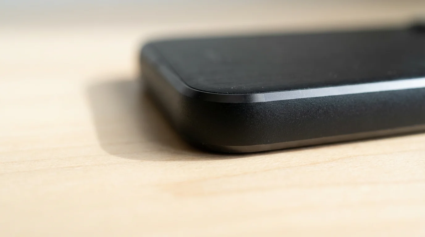 Macro photo of a black smartphone placed face down on a clean wooden desk, symbolizing minimizing digital distractions.