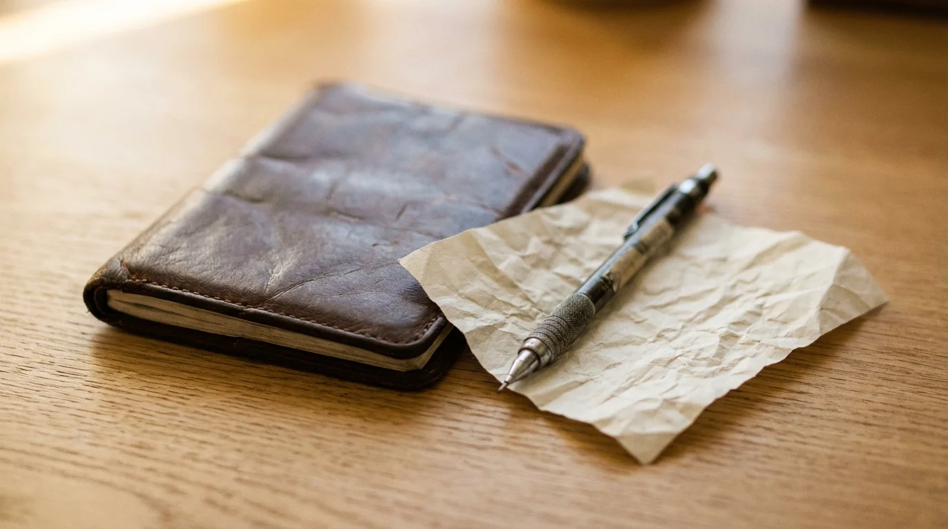 Macro photo of a dark pocket notebook, pen, and crinkled paper for fleeting notes.