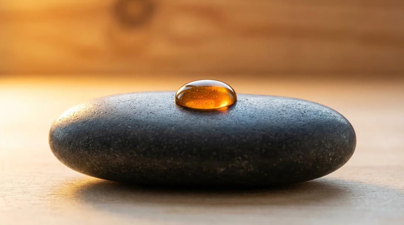 Macro photo of a dark stone with a glowing drop of golden honey under warm light, symbolizing peak energy.