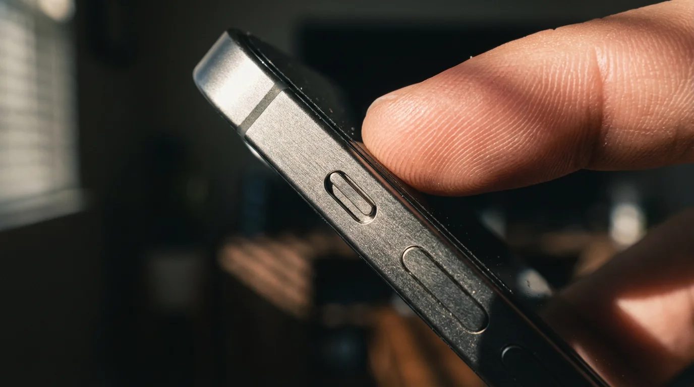 Macro photo of a finger touching the silence switch on the side of a smartphone.