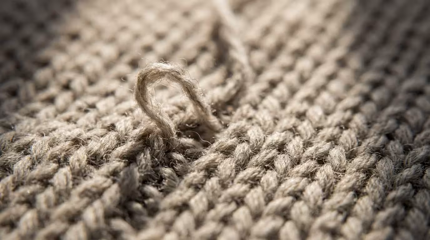 Macro photo of a loose stitch in a knitted wool texture representing a break in consistency.