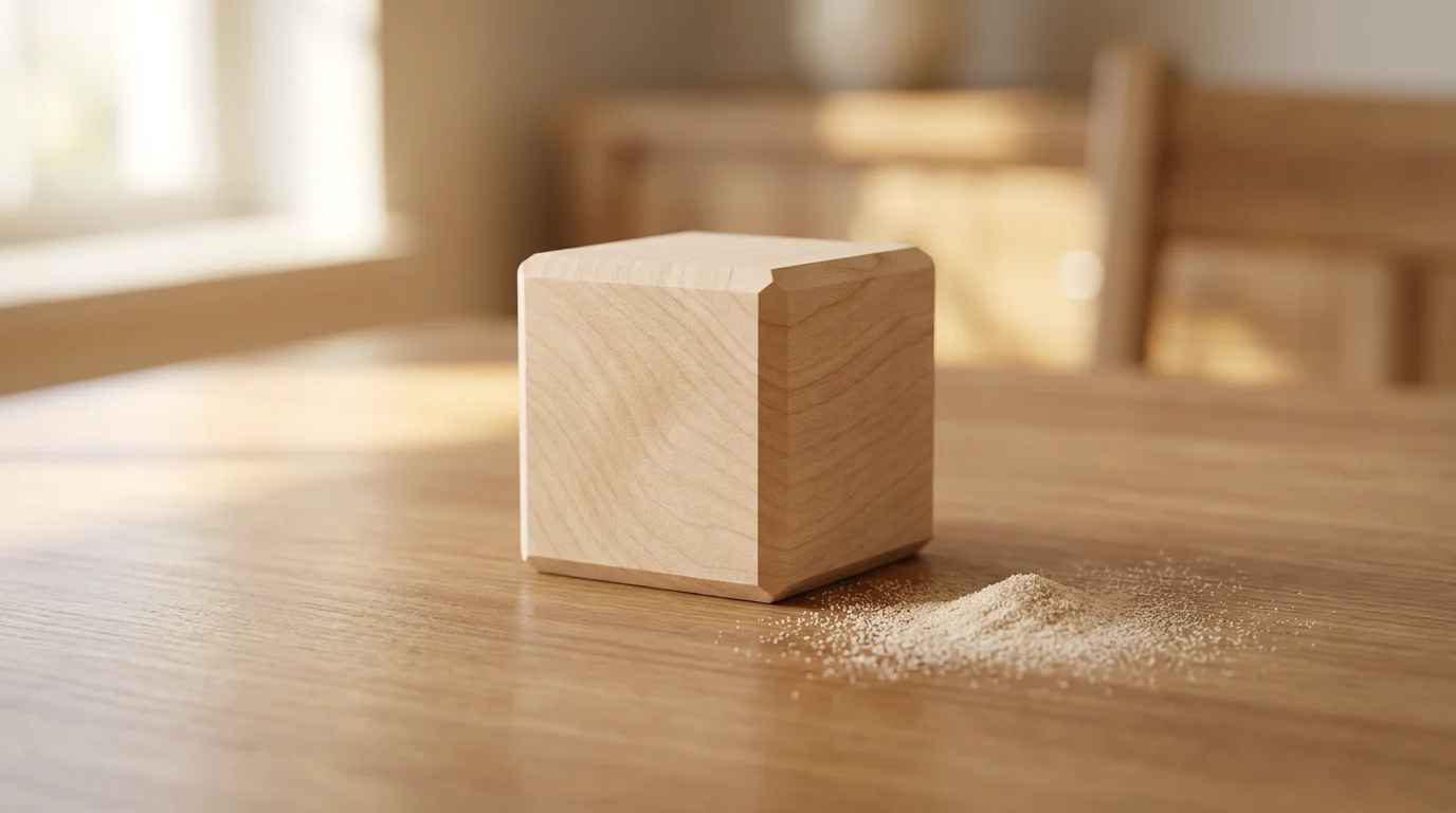 Macro photo of a small, smooth wooden block next to fine dust, symbolizing daily progress and repetition.