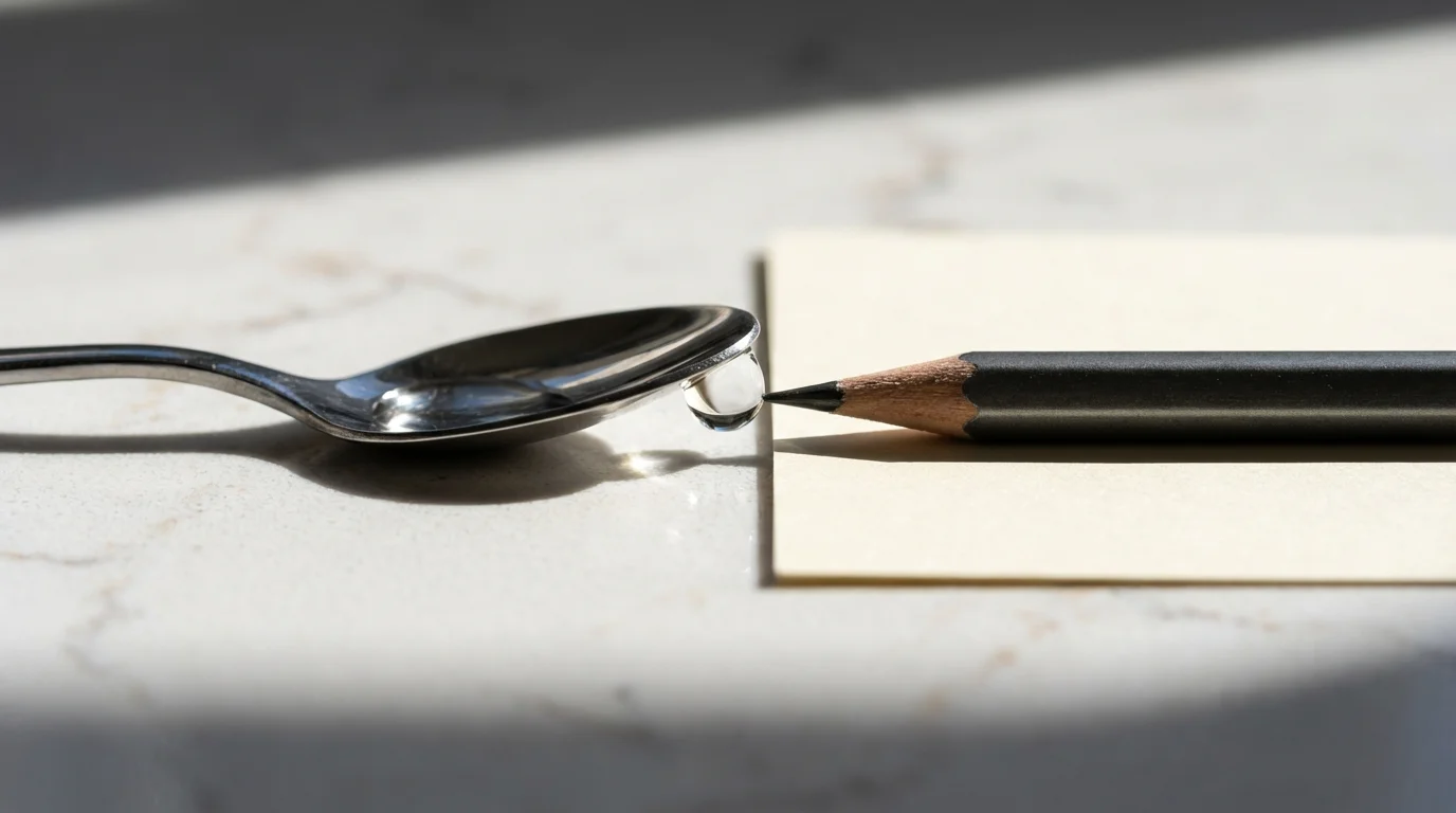 Macro photo of a teaspoon, water drop, and pencil tip sequentially placed on a counter, symbolizing linked habits.
