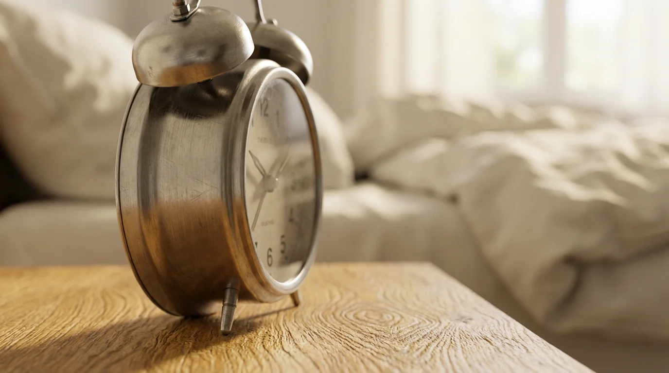 Macro photo of analog alarm clock on wooden nightstand in soft morning light.