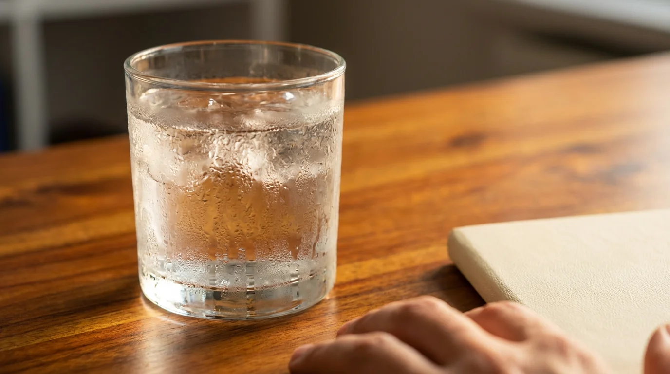 Macro photo of golden hour light hitting a glass of water next to a blank journal.