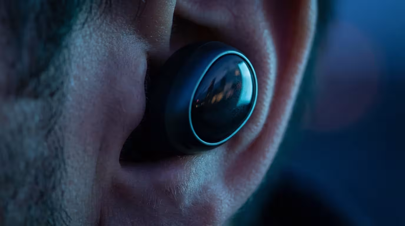 Macro photo of noise-canceling earbud in ear during blue hour blocking external chaos.