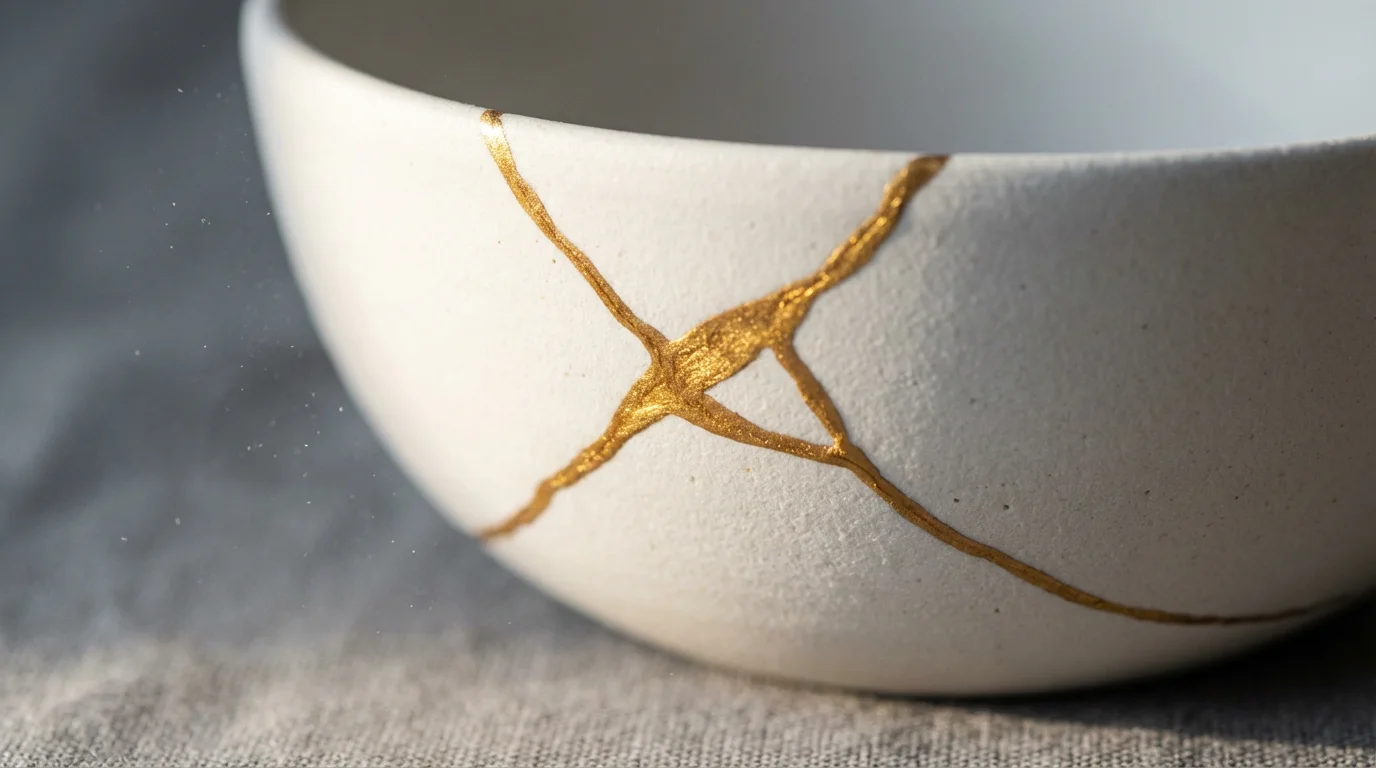 Macro photo of white ceramic repaired with Kintsugi gold, symbolizing excellence and resilience.