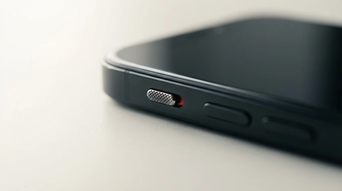 Macro photo showing a smartphone's silent switch toggled on, symbolizing communication boundaries.