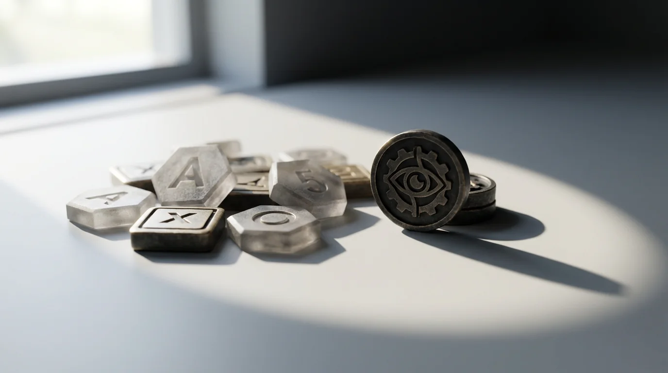 Macro photo showing a symbolic token excluded from a restricted boundary, illustrating specific password rules.