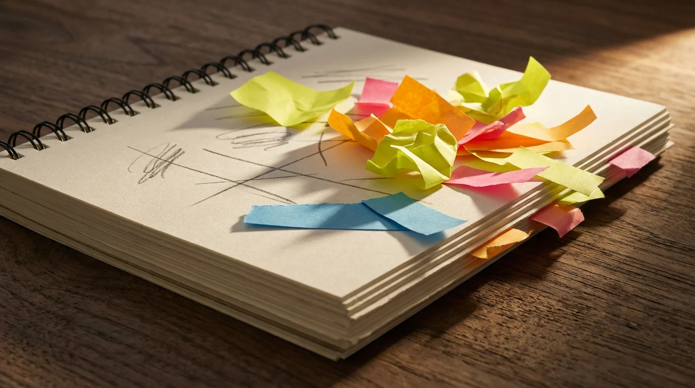 Macro photo showing bright sticky notes covering a strategic planning notebook with deep shadows.