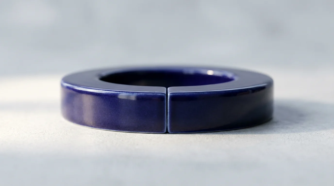 Macro photo showing two dark blue, polished ceramic pieces aligning perfectly on a gray surface.