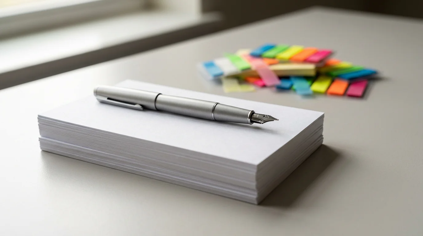 Macro photograph of a clean stack of index cards and a pen, symbolizing simple productivity.