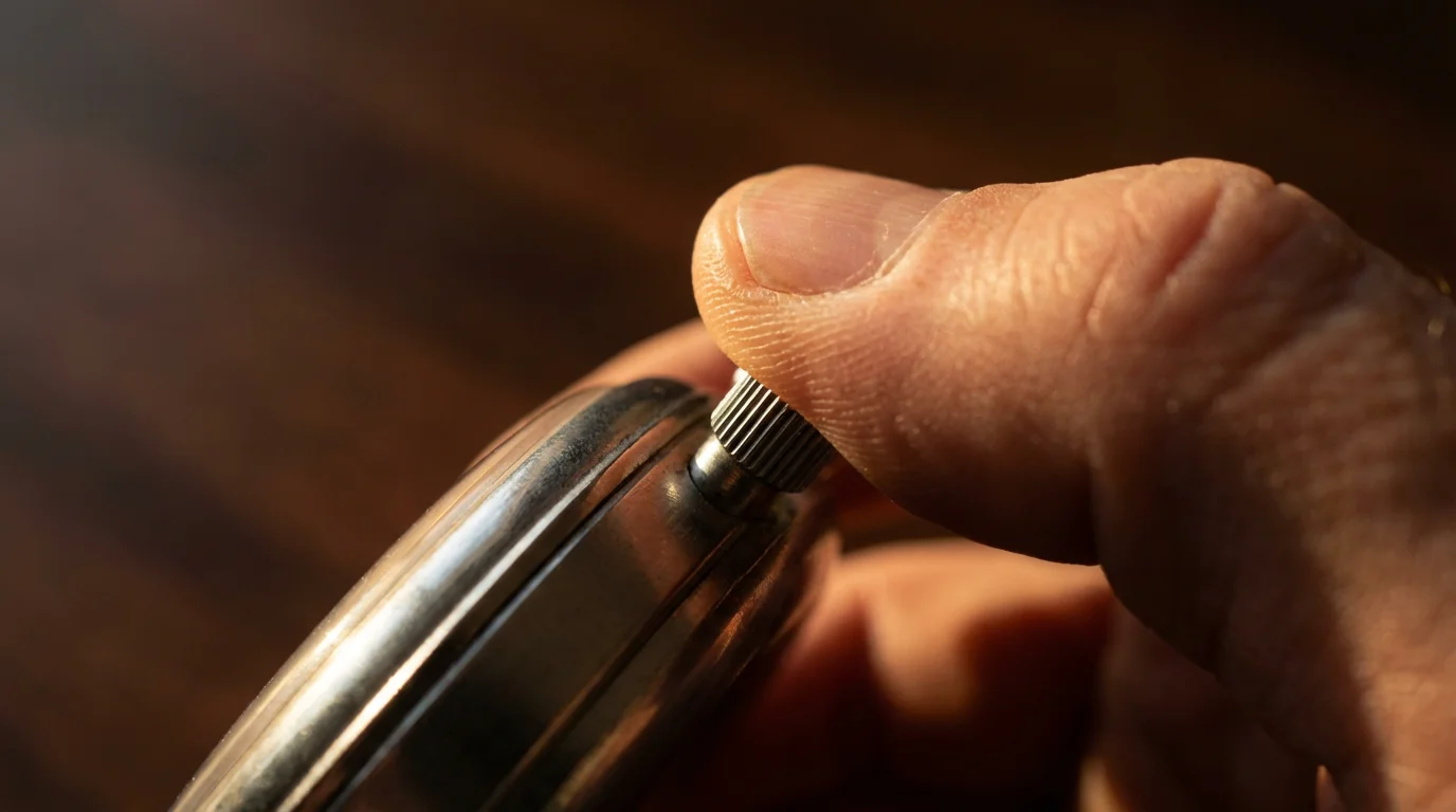Macro photograph of a finger pressing a metal stopwatch button in dramatic lighting.