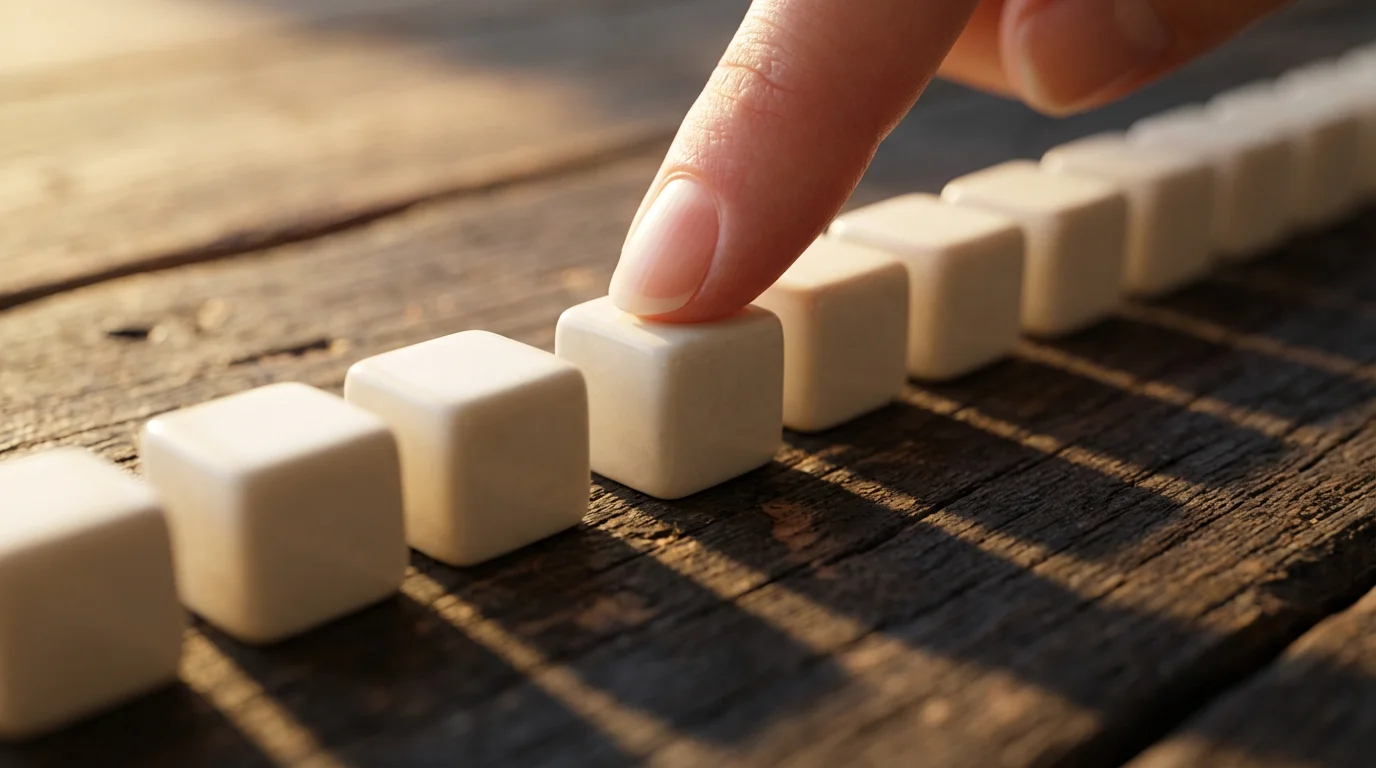 Macro photograph of a fingertip correcting a misaligned line of white cubes, symbolizing handling setbacks.