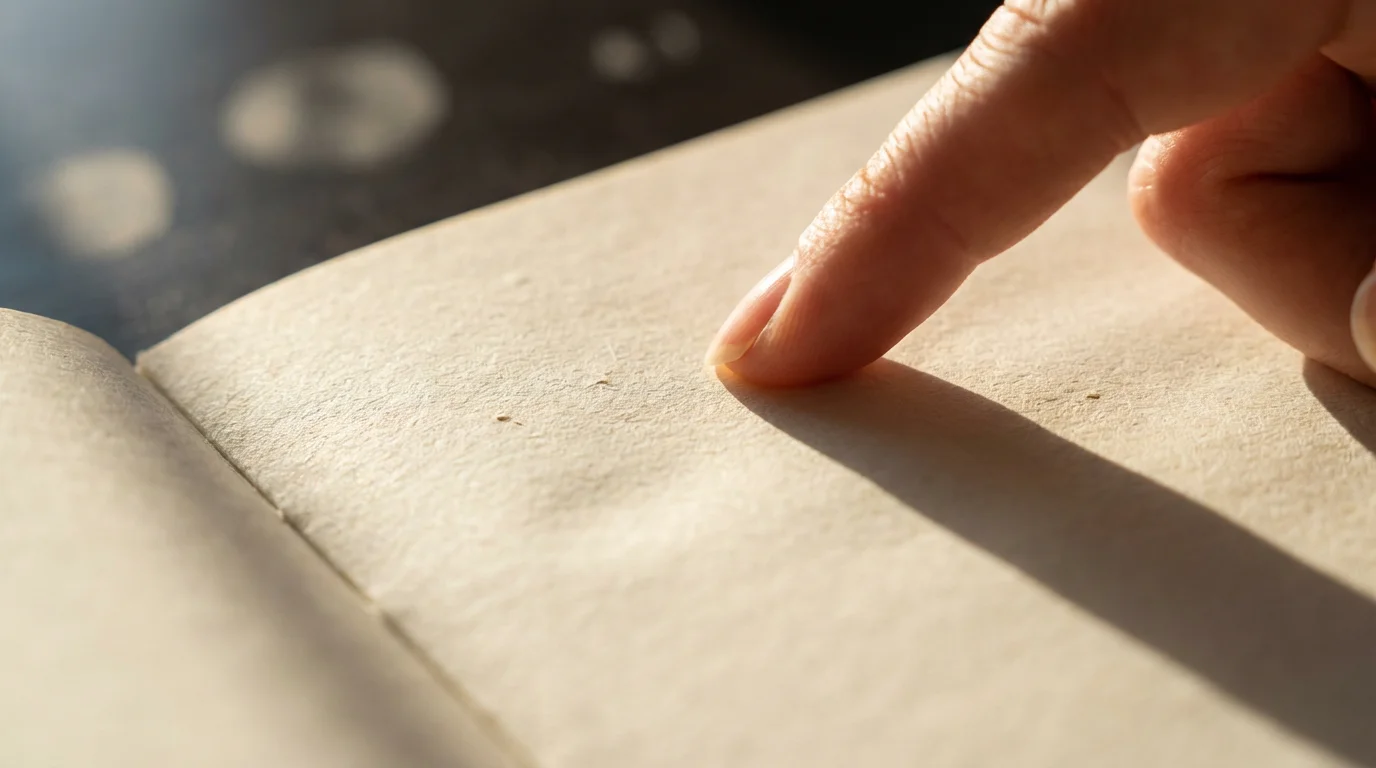 Macro photograph of a fingertip gently touching a clean, unmarked white book page under deep shadows.