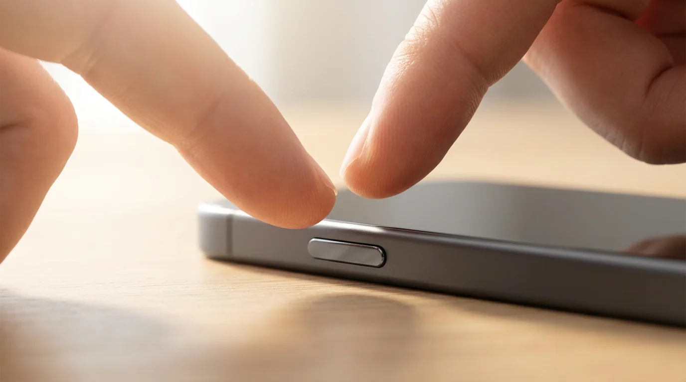 Macro photograph of a fingertip pausing over a smartphone power button in soft morning light.