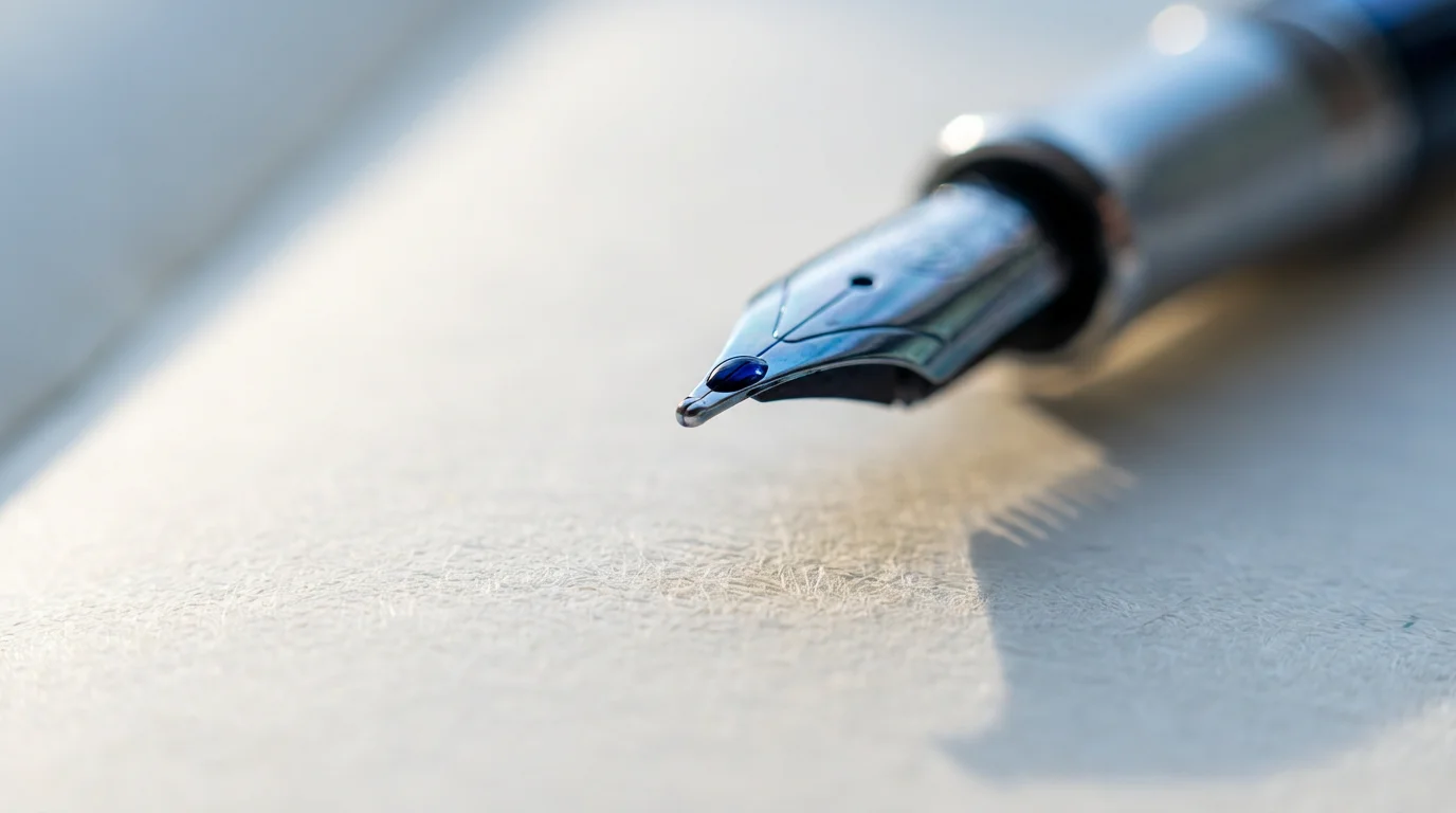 Macro photograph of a fountain pen nib poised over blank paper representing focus.