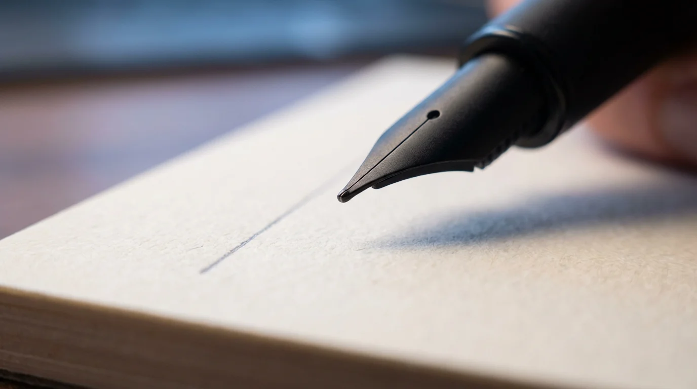 Macro photograph of a fountain pen nib poised over a single line, symbolizing deep work and focus.