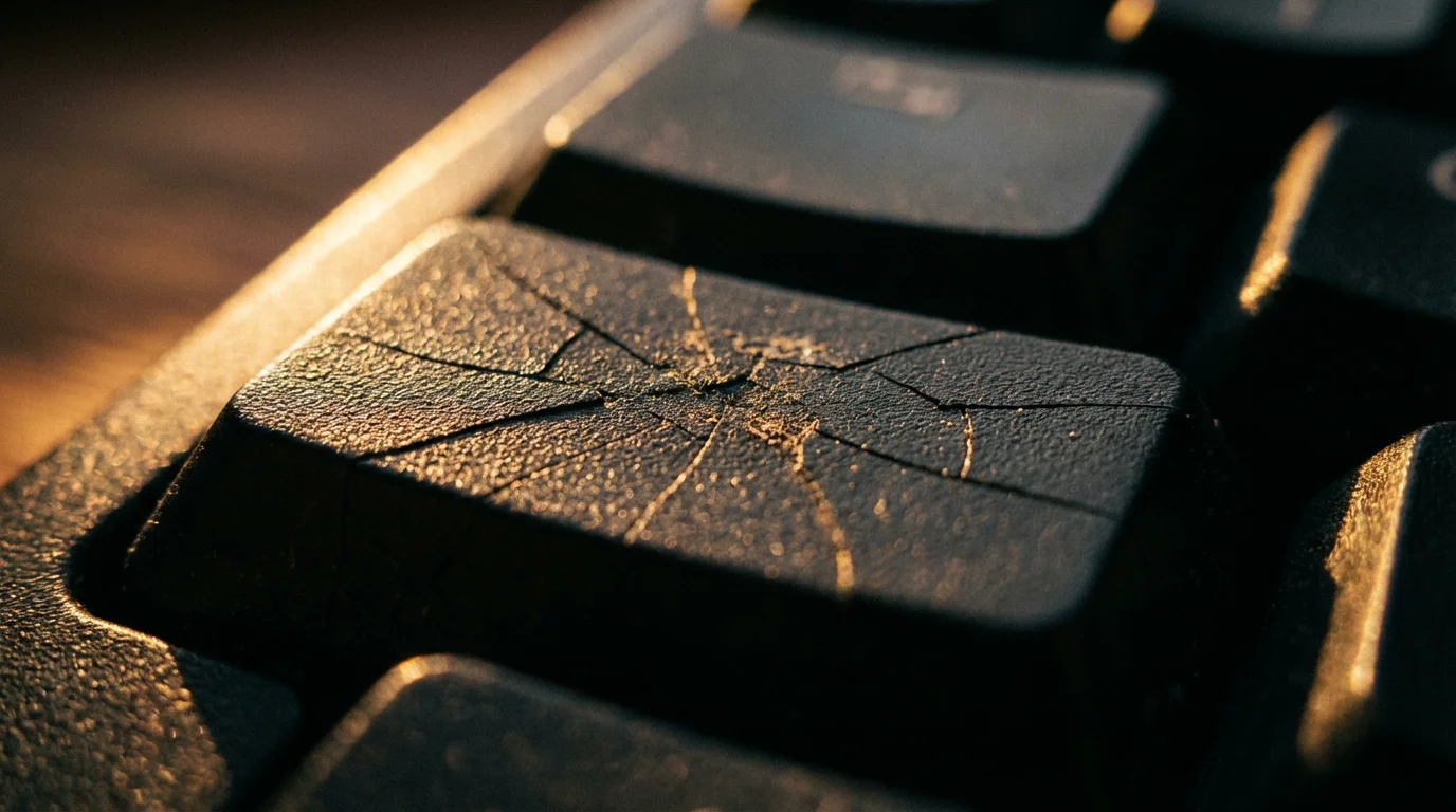 Macro photograph of a fragmented computer keyboard key illuminated by warm golden hour sunlight.
